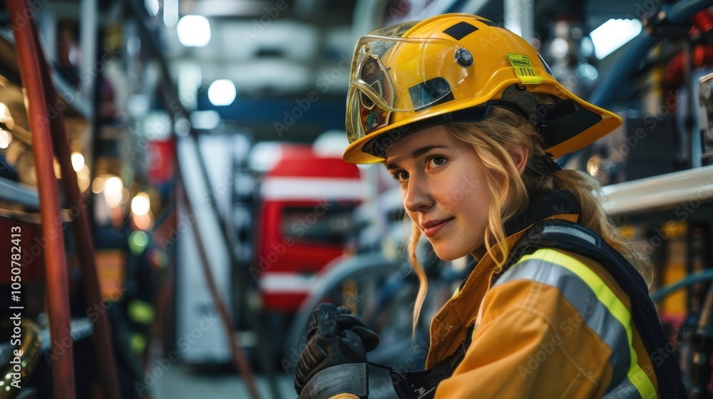 Female Firefighter Preparing Equipment in Busy Fire Station Setting Female Firefighter Preparing Equipment in Busy Fire Station Setting