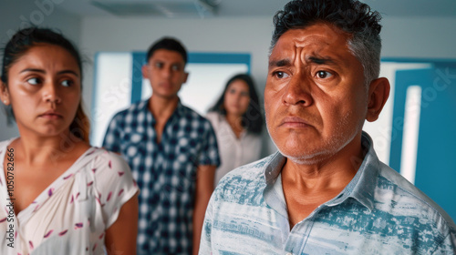 Concerned Hispanic family in a hospital waiting area, older man with younger adults, serious expressions. photo