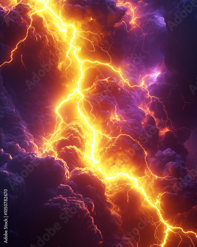 Wallpaper Mural neon orange lightning bolts weave through a turbulent purple cloudscape in a dramatic, vivid storm scene Torontodigital.ca