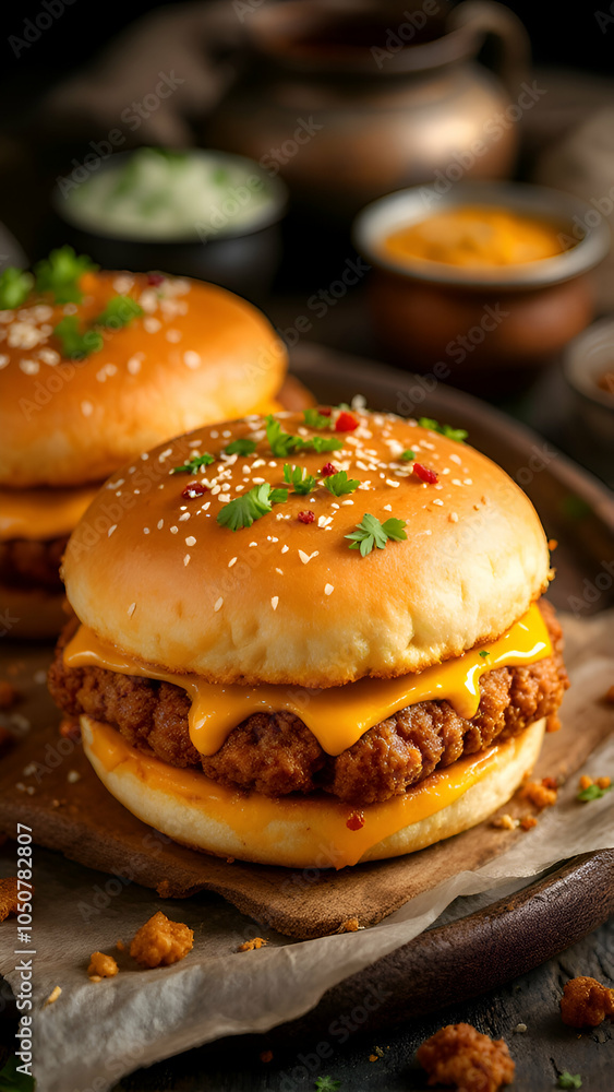 Closeup of a cheesy, juicy chicken burger on a wooden board with parsley, sesame seeds, and red pepper flakes as toppings. Closeup of a cheesy, juicy chicken burger on a wooden board with parsley, sesame seeds, and red pepper flakes as toppings.