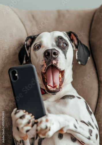 A Dalmation Dog Sitting on a Chair with a Smartphone