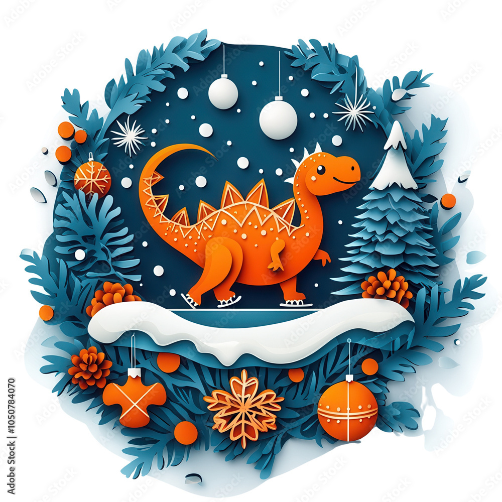 Fototapeta premium Colorful paper cut dinosaur enjoying a winter landscape decorated with snowflakes, trees, and festive ornaments.