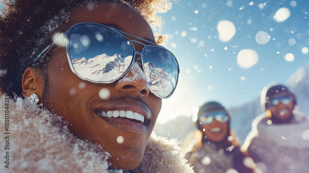 A joyful winter day in the Alps with laughter and snowflakes drifting down A joyful winter day in the Alps with laughter and snowflakes drifting down