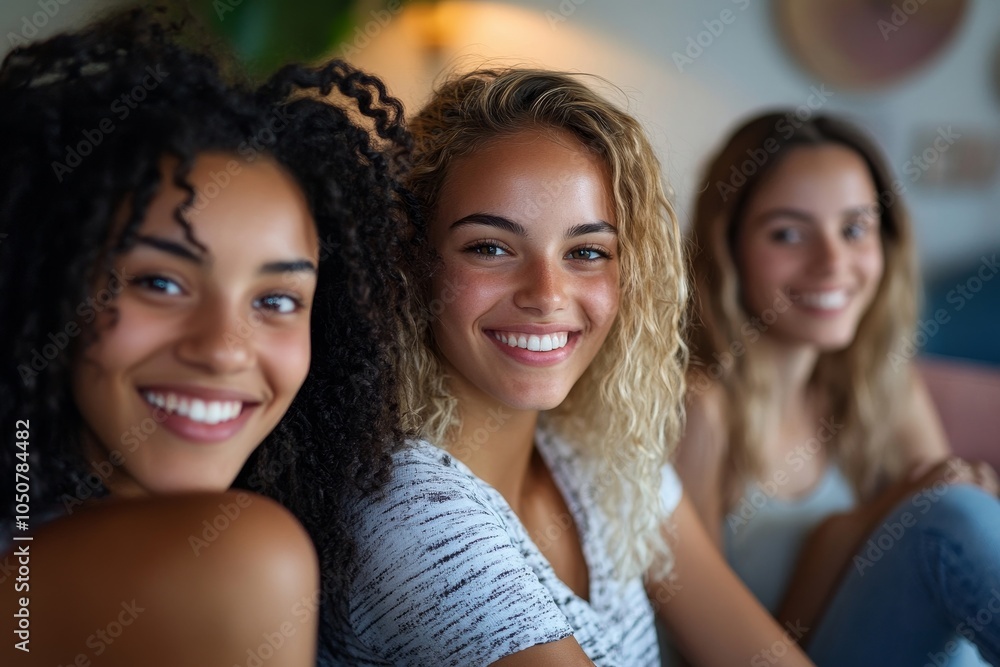 Fototapeta premium Girl friends at home watching television, Generative AI