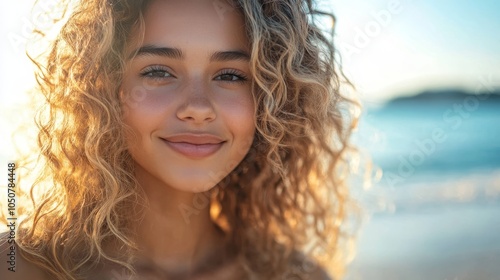 Portrait of a curly haired woman at the beach, Generative AI