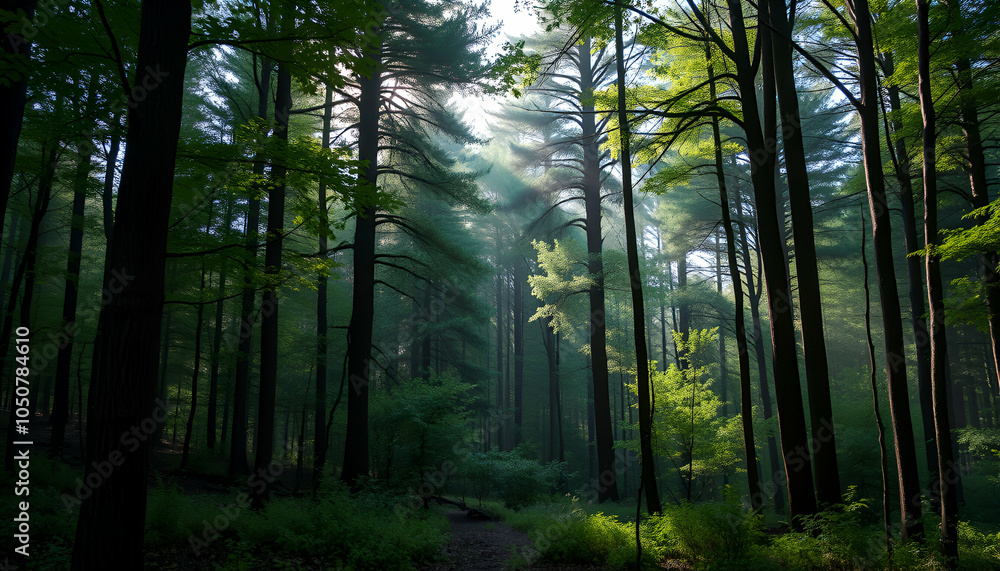 Obraz premium Sunlight illuminating the beautiful forest