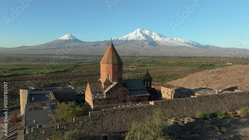 Drone flying over Khor Virap monastery towards Mount Ararat in the Ararat Plain, Armenia photo