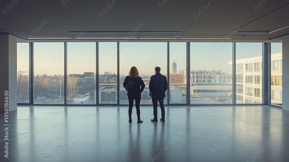 Estate agent with clients inside an empty office space, Generative AI