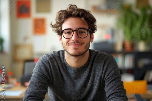 Male designer sitting at a table in an office, Generative AI