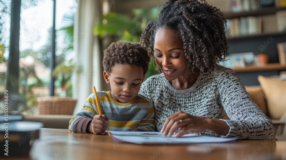 Mother homeschooling her son, Generative AI Mother homeschooling her son, Generative AI