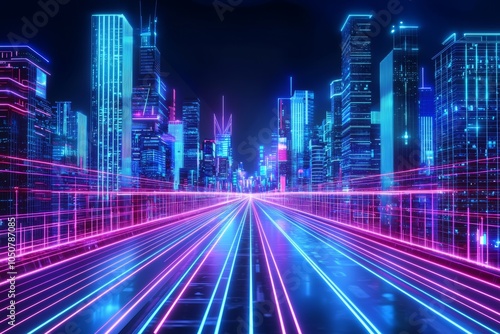 Buildings in Futuristic Sci-Fi Capital City, Night City, Cyberpunk, Stock Market