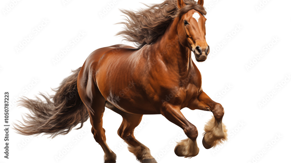 Obraz premium Graceful horse running in full view, isolated on white background, showcasing its strength and elegance.