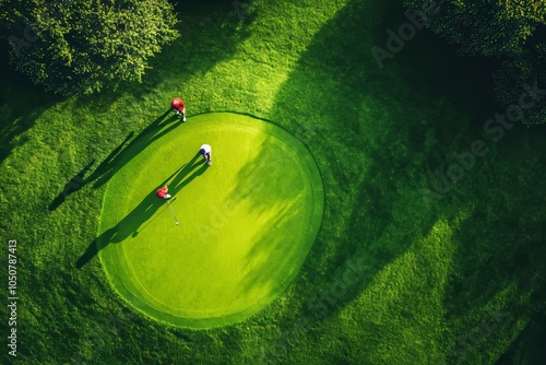 Aerial view of golfers on putting green, Generative AI