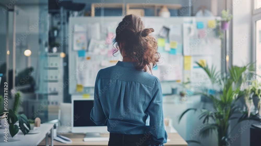 Female Project Manager Organizing Tasks on Digital Whiteboard in Modern Office Female Project Manager Organizing Tasks on Digital Whiteboard in Modern Office