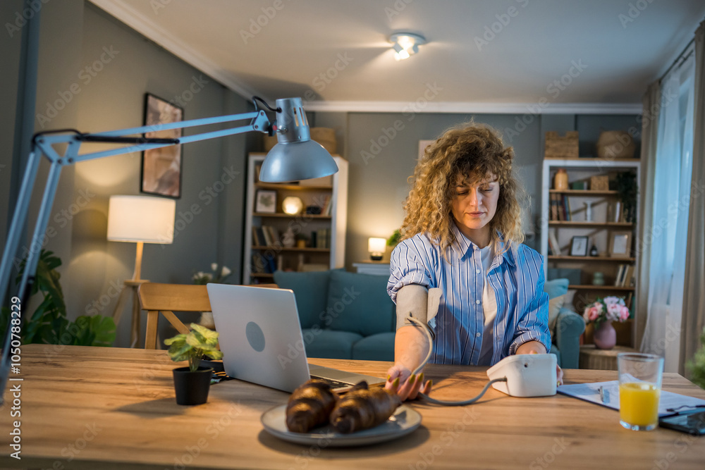 One woman caucasian female freelancer check blood pressure at home One woman caucasian female freelancer check blood pressure at home
