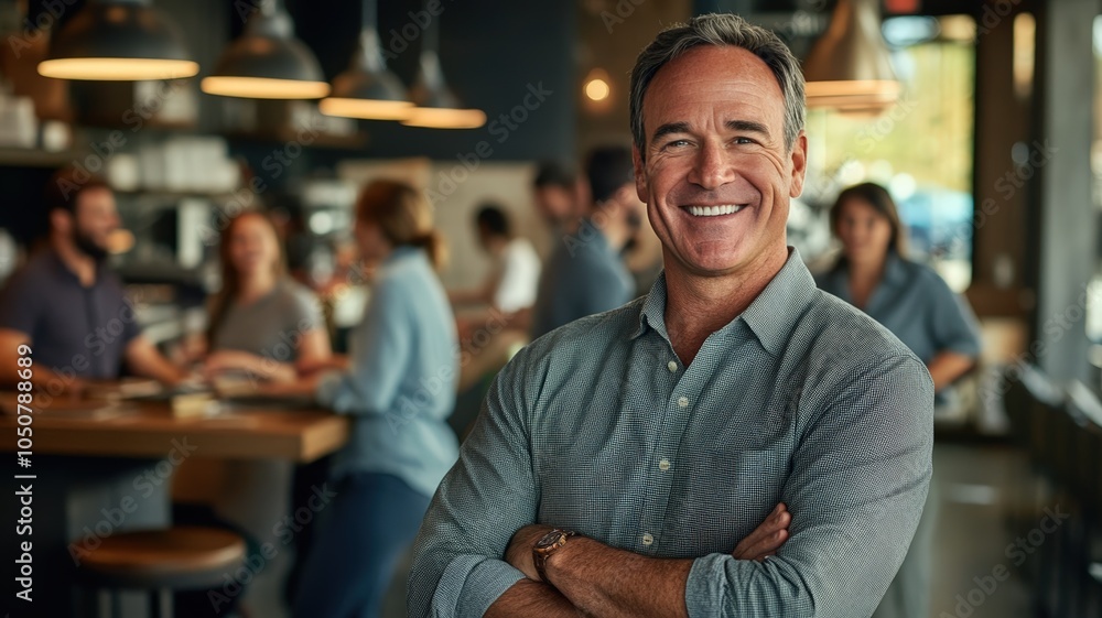 Fototapeta premium Friendly Man in Cafe, Surrounded by Lively Crowd. Generative AI.