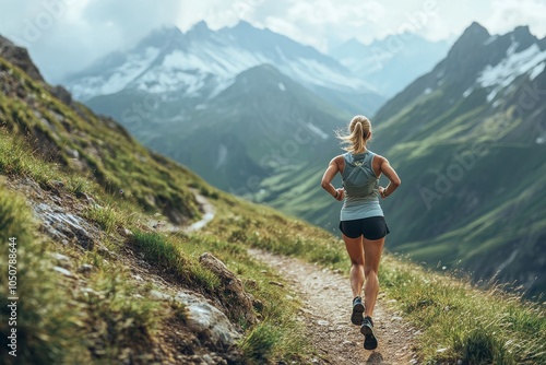 Woman trail running on a mountain path, Generative AI