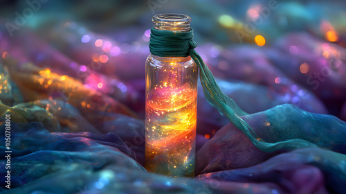 A Magical Iridescent Vial Surrounded by Colorful Fabrics and Joyful Colors of Celebration photo