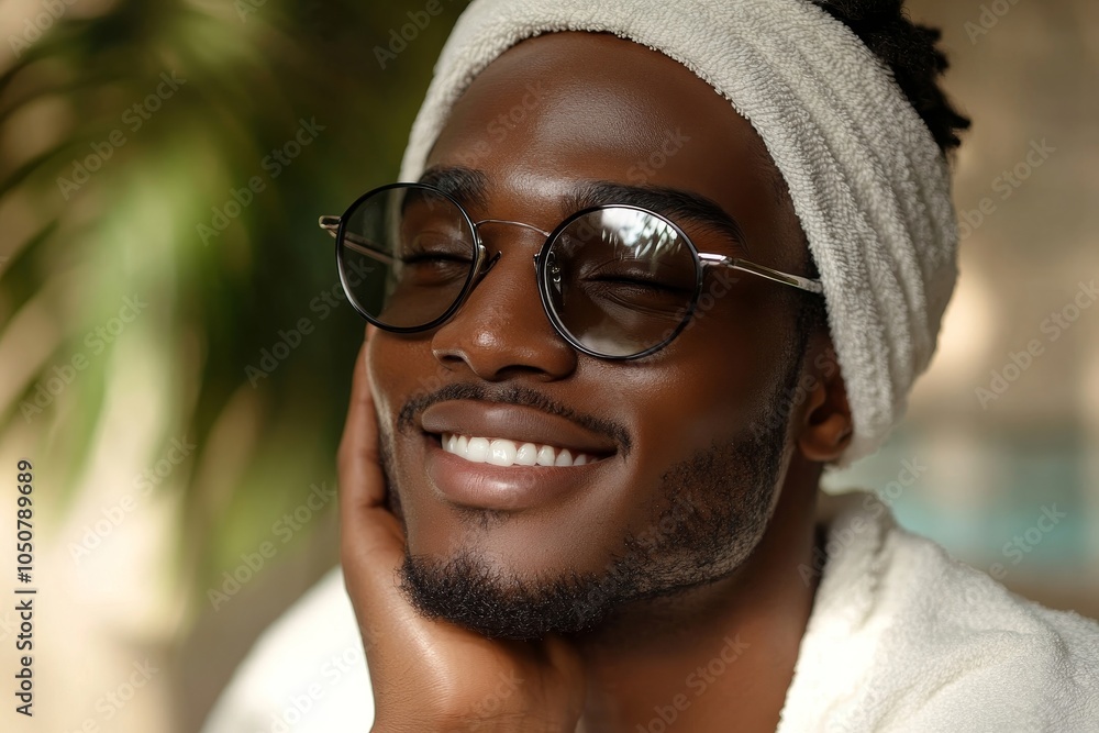 Happy black man massaging his face with a 3D roller as part of his skincare routine, Generative AI Happy black man massaging his face with a 3D roller as part of his skincare routine, Generative AI