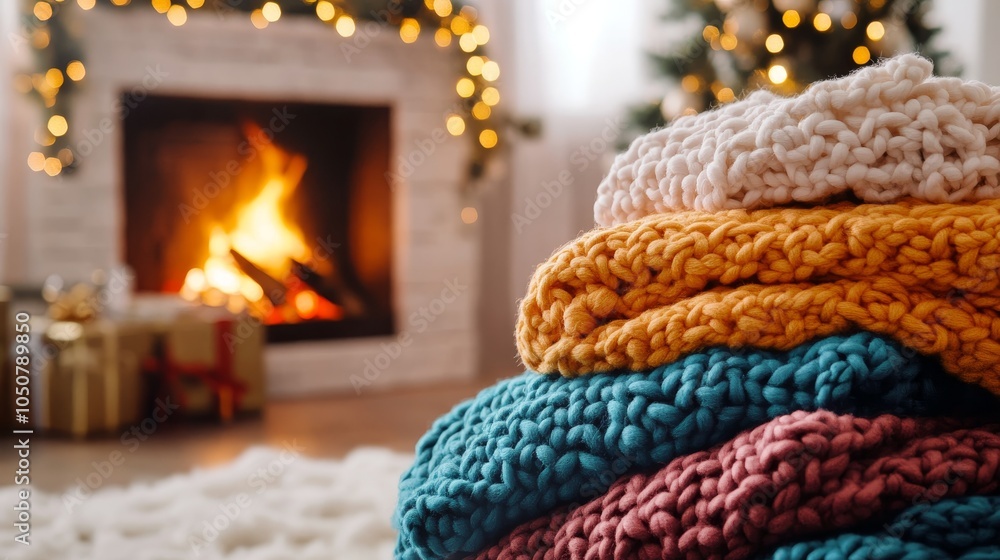Knitted blankets in front of fireplace composition background Knitted blankets in front of fireplace composition background