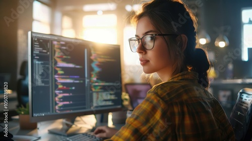 Female Software Developer Coding in a Modern High-Tech Office Environment