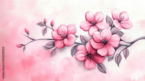 A cute drawing of pink flowers with branches and leaves.