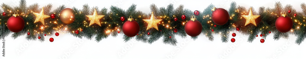 Border with green fir branches, gold stars, red balls, lights isolated on transparent background. Pine, xmas evergreen plants seamless banner. Vector Christmas tree garland decoration Border with green fir branches, gold stars, red balls, lights isolated on transparent background. Pine, xmas evergreen plants seamless banner. Vector Christmas tree garland decoration