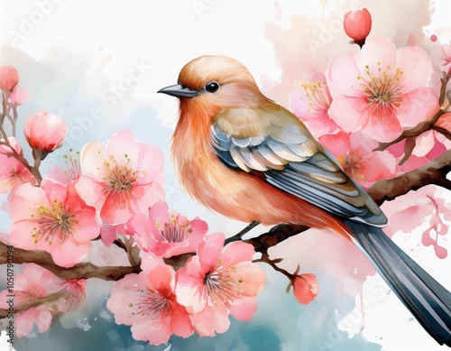 A bird perched on a tree branch adorned with pink flowers, featured in a watercolor birthday greeting card photo