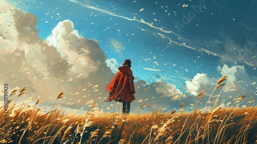 A young woman in a red hooded cloak stands in a field of tall grass, looking up at a bright blue sky with fluffy clouds and falling white feathers.