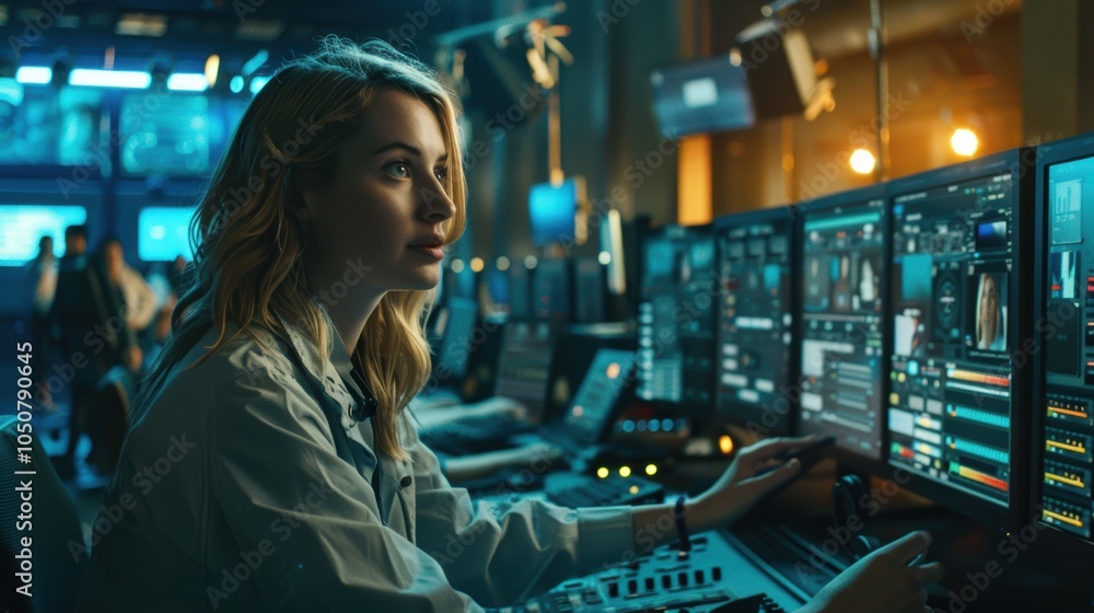 Female TV Producer Overseeing Live Broadcast in High-Energy Control Room Female TV Producer Overseeing Live Broadcast in High-Energy Control Room