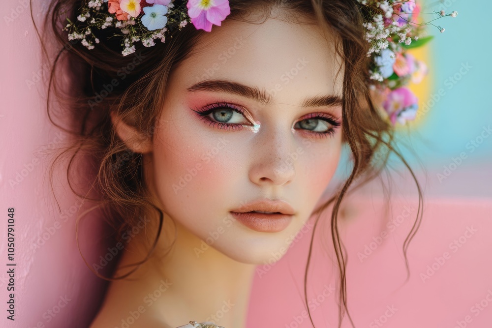 Female model with creative makeup on pink step, Generative AI Female model with creative makeup on pink step, Generative AI