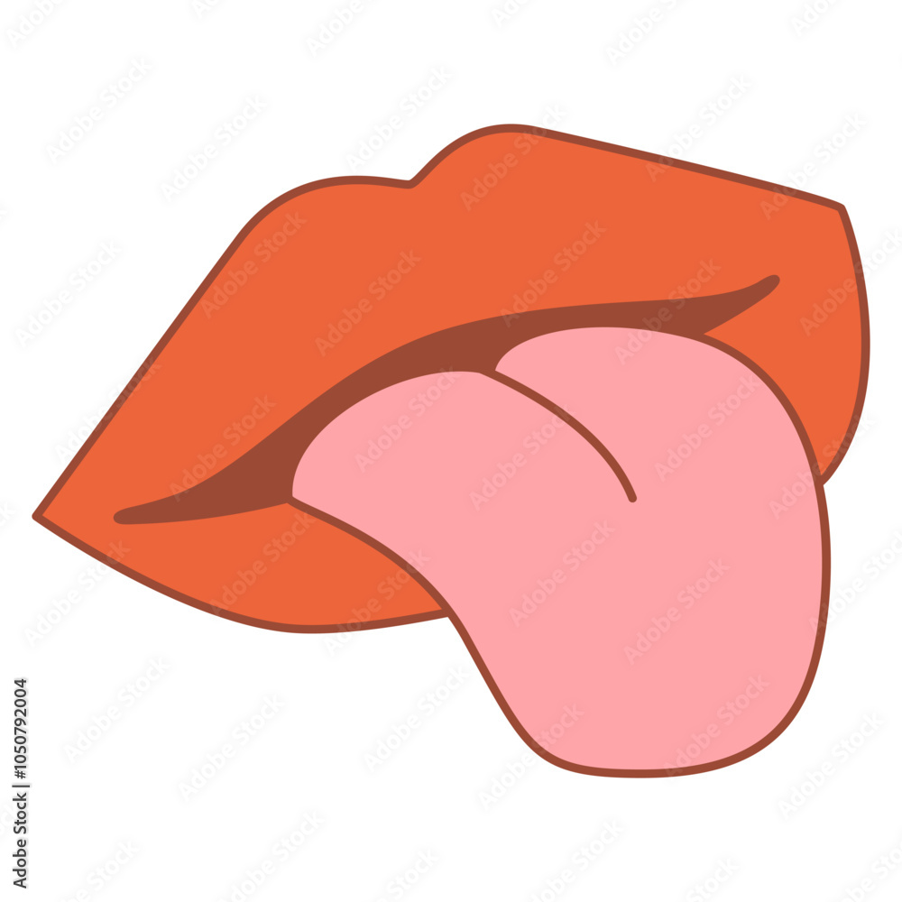 A mouth with lips and tongue.Groovy cartoon sticker with lips.Vector illustration.Isolated on white background. A mouth with lips and tongue.Groovy cartoon sticker with lips.Vector illustration.Isolated on white background.