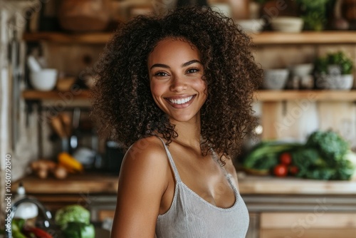 Wallpaper Mural Healthy woman standing in the kitchen and smiling, Generative AI Torontodigital.ca