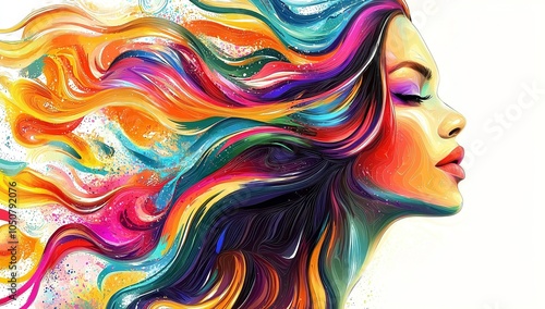 Beautiful colorful woman with long hair, in the digital art style, on a white...