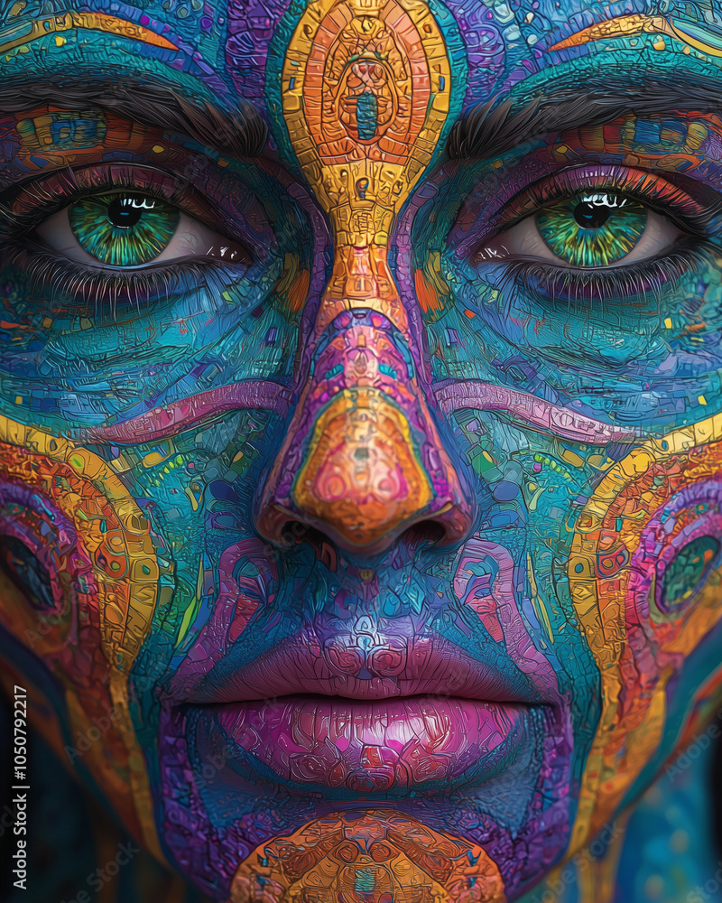 vivid portrait of a man with intricate psychedelic patterns enveloping his face in rich, colorful hues vivid portrait of a man with intricate psychedelic patterns enveloping his face in rich, colorful hues