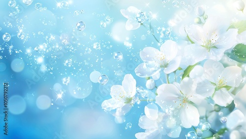 Blue background with white flowers and bubbles, a light blue gradient, a...