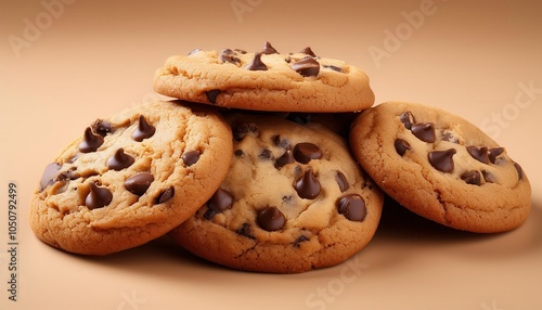 Warm, Golden Brown Chocolate Chip Cookies with Melted Chocolate Chunks in a Close-Up View, Ideal for Bakery Promotions, Dessert Menu Visuals, Food Blog Content, or Cozy Autumn Themed Advertising