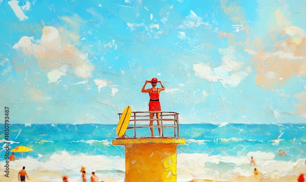 Fototapeta premium Lifeguard in red on a beach tower.