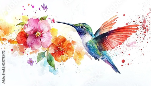 Watercolor hummingbird with flowers, colorful, white background, tattoo...