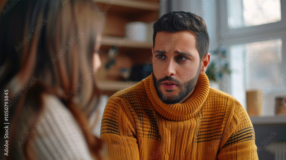 Fototapeta premium Caucasian male in a yellow sweater, engaged in a serious conversation, indoor setting.