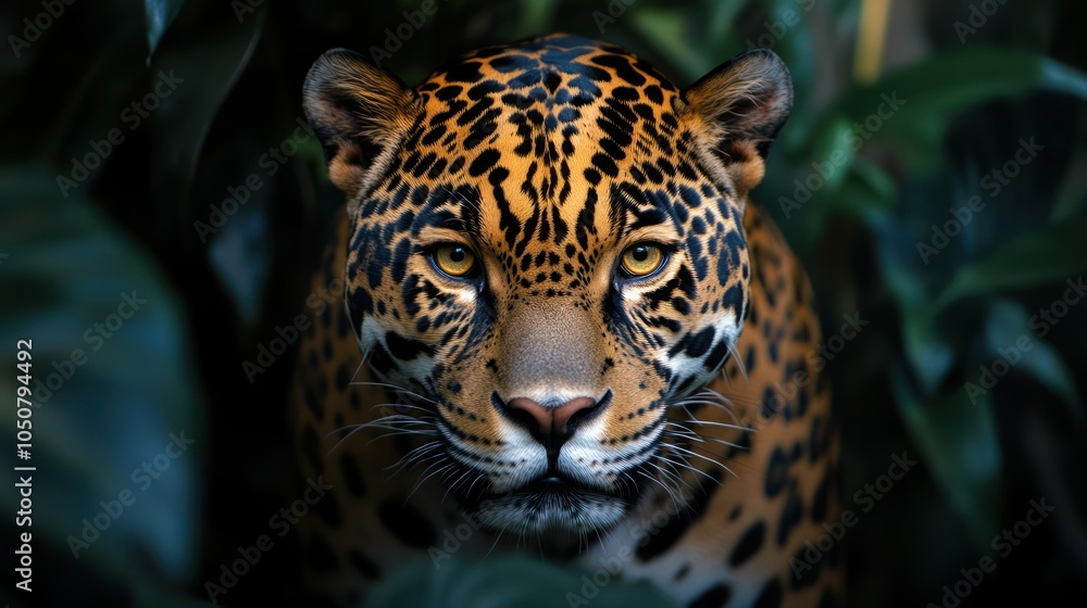 Obraz premium powerful jaguar in shadowy jungle backdrop