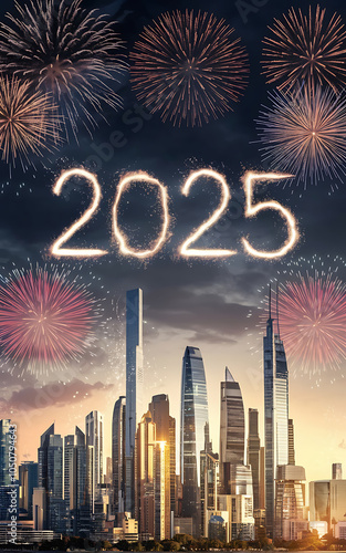 Golden skyscrapers and fireworks celebrate 2025 New Year s Eve in a modern city 