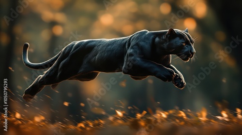 sleek black panther leaping in graceful profile