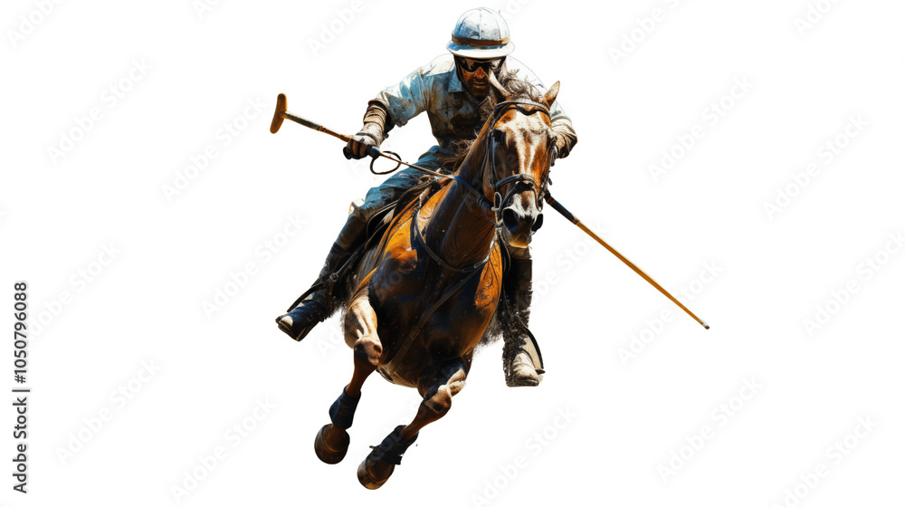 Energetic portrayal of a polo player, in abstract form on a clean white background, symbolizing motion and skill. Energetic portrayal of a polo player, in abstract form on a clean white background, symbolizing motion and skill.
