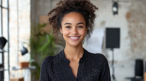 Smiling young woman standing in a studio, Generative AI