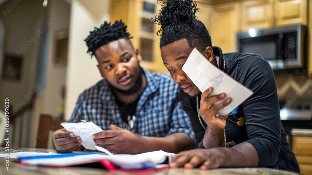 Two African men reviewing financial documents at home, focused and serious. Two African men reviewing financial documents at home, focused and serious.