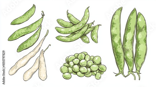 These are different types of beans: snow peas, edamame (soybeans), yardlong beans, and fava beans. They're all green vegetables and belong to the legume family. This is a simple drawing of them.