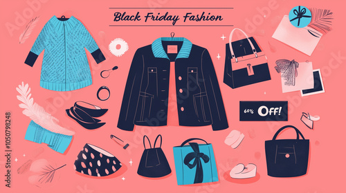 A fashion-themed banner showing trendy clothes and accessories with "Black Friday Fashion Steals  60% Off!", Banner, Black Friday, Sale