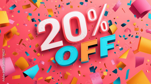 A modern banner with falling confetti and big bold "20% OFF" text, perfect for a flashy sale promotion, Banner, Black Friday, Sale