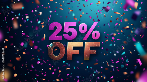 A modern banner with falling confetti and big bold "25% OFF" text, perfect for a flashy sale promotion, Banner, Black Friday, Sale